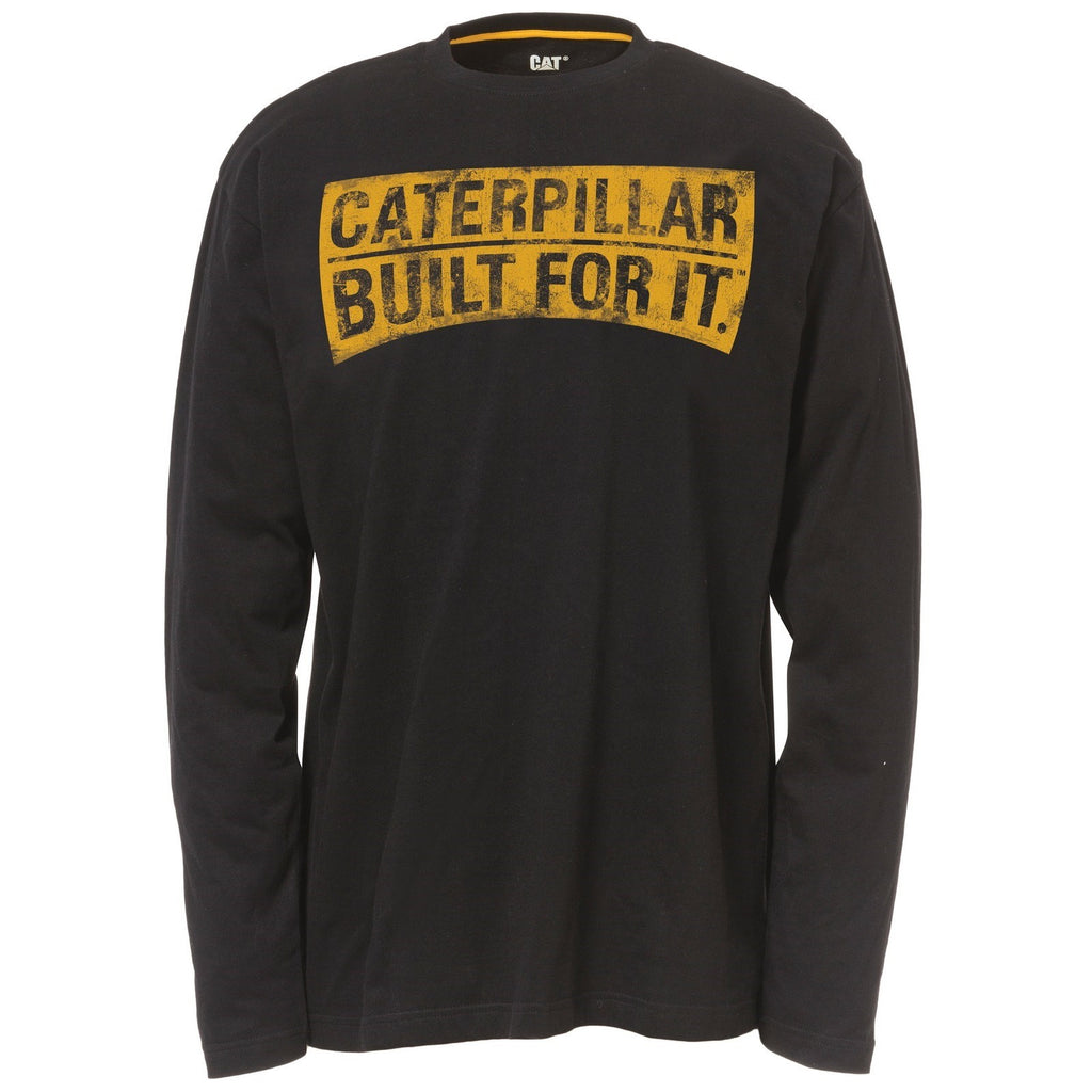 Caterpillar Curved Banner Long Sleeve Men's Tee Shirts Black USA | 497180-ONG