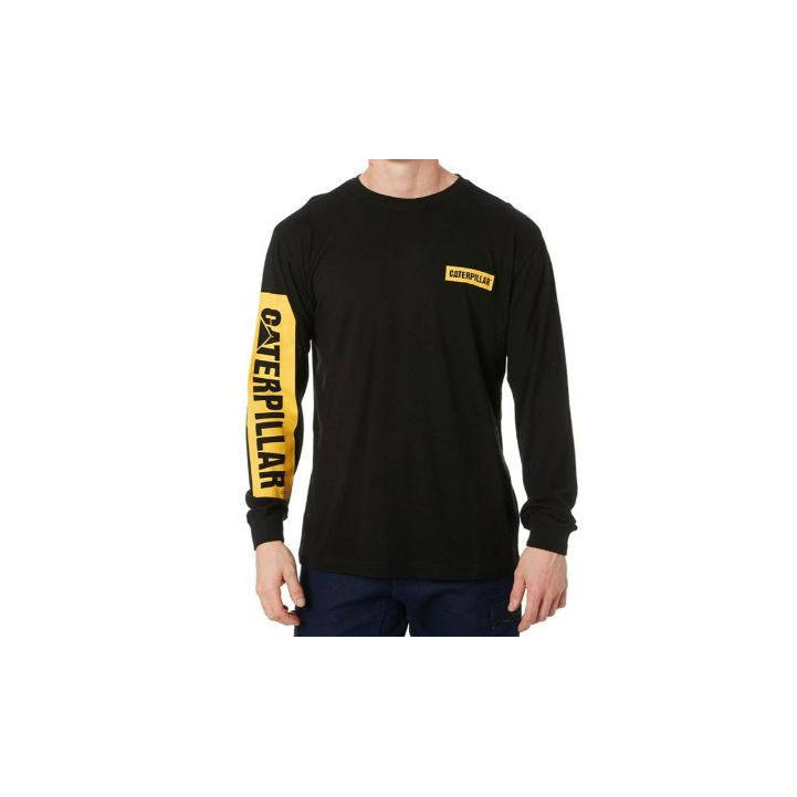 Caterpillar Icon Block Long Sleeve Men's Tee Shirts Black / Yellow USA | 526714-TKY