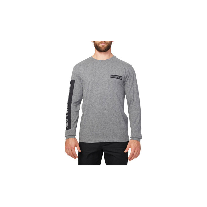 Caterpillar Icon Block Long Sleeve Men's Tee Shirts Dark Heather Grey USA | 539120-TGJ