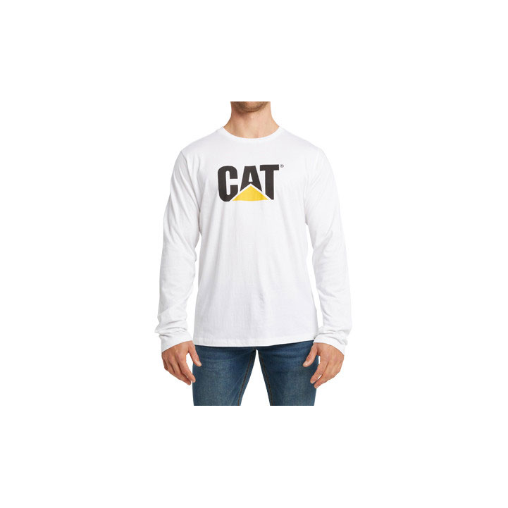 Caterpillar Original Fit Long Sleeve Logo Men's Tee Shirts White-Traademark USA | 074698-RCH