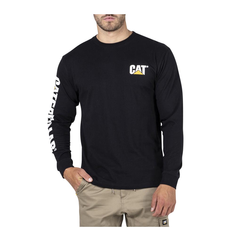 Caterpillar Trademark Banner L/S Men's T-Shirts Black USA | 684135-DOS