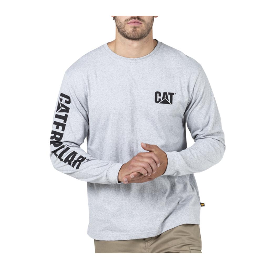 Caterpillar Trademark Banner L/S Men's T-Shirts Grey USA | 809657-DVB