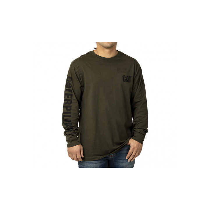 Caterpillar Trademark Banner Long Sleeve Men's Tee Shirts Army Moss USA | 176930-ZGE