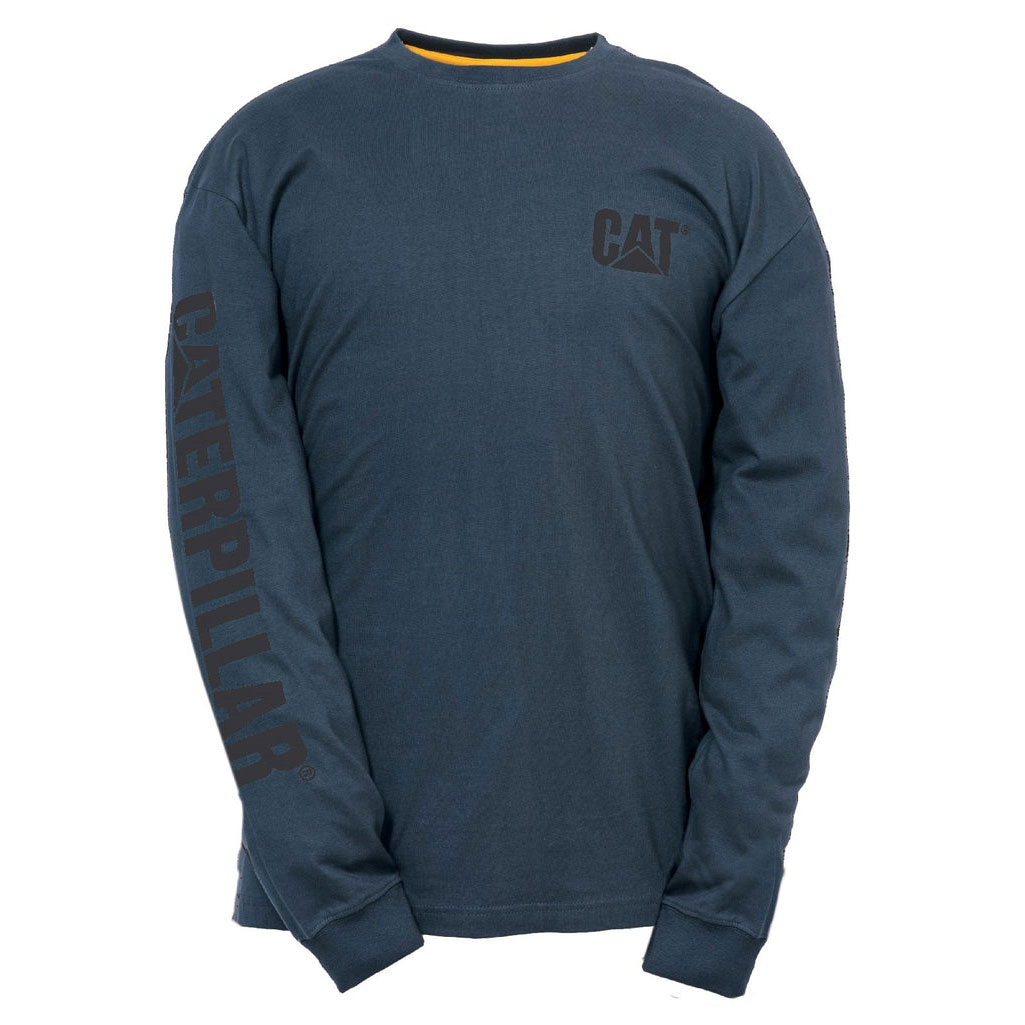 Caterpillar Trademark Banner Long Sleeve Men's Tee Shirts Dark Marine Black USA | 386950-HWB