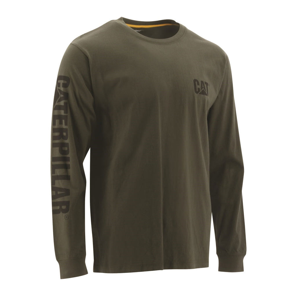 Caterpillar Trademark Banner Long Sleeve Men's Tee Shirts Chive Green USA | 693025-BPW