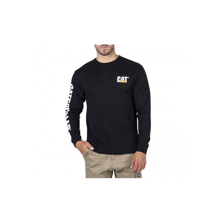 Caterpillar Trademark Banner Long Sleeve Men's Tee Shirts Black USA | 869254-FWE