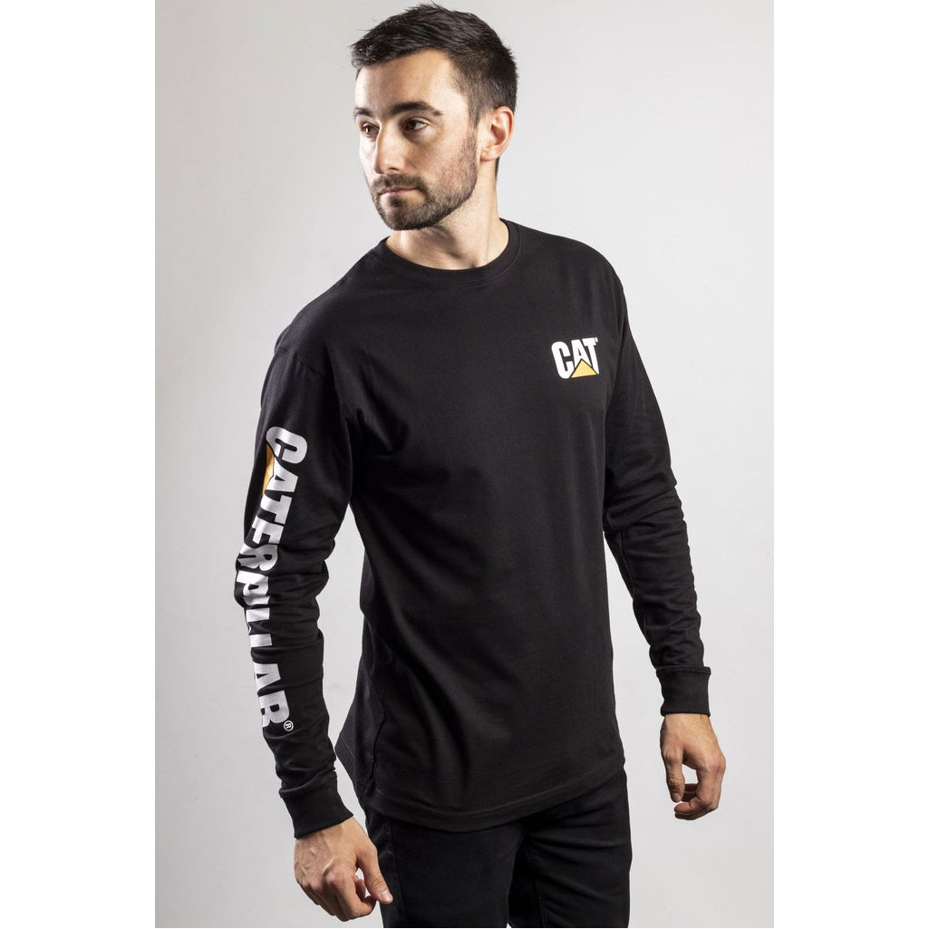 Caterpillar Trademark Banner Long Sleeve Men's Tee Shirts Black  USA |  236145-XIA