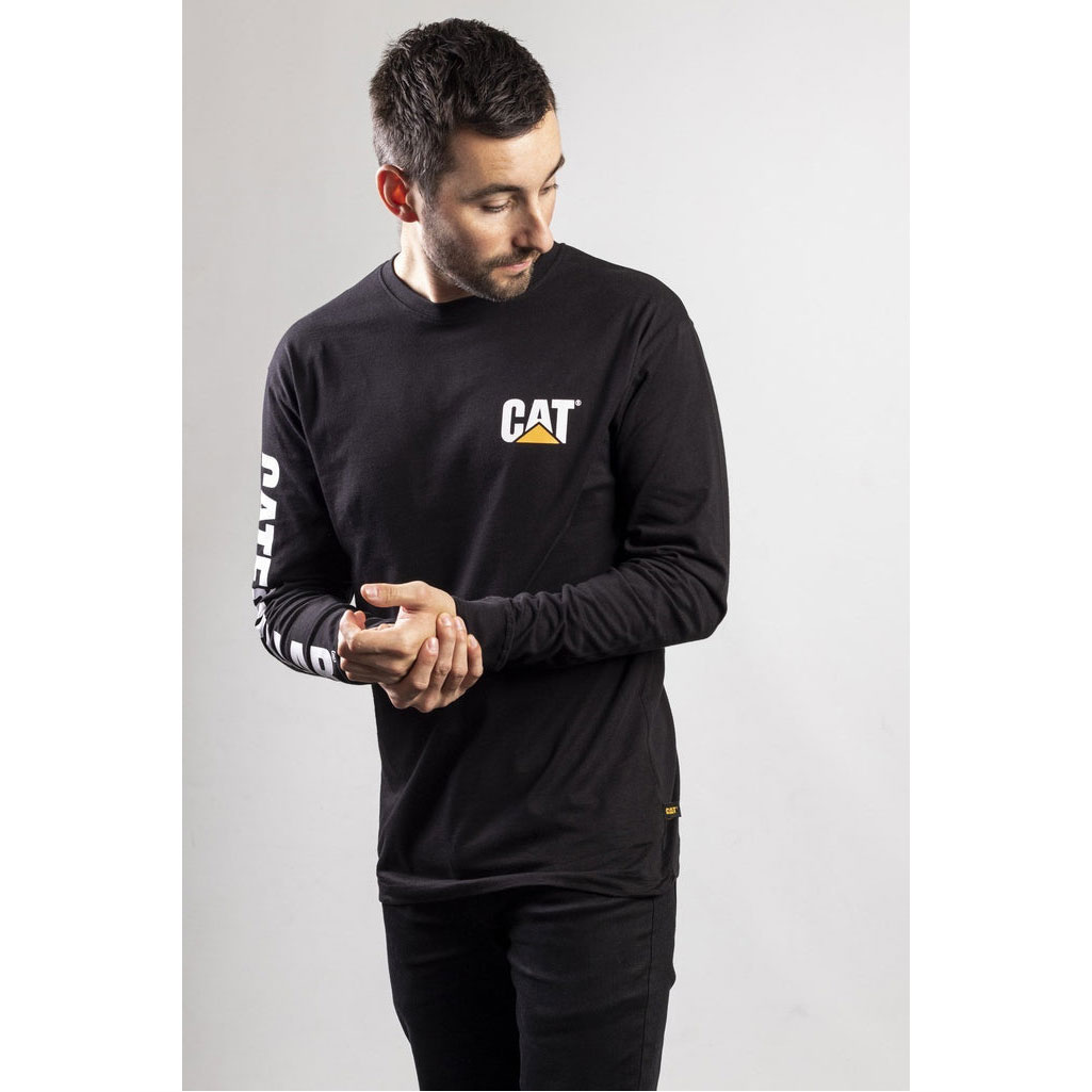 Caterpillar Trademark Banner Long Sleeve Men's Tee Shirts Black  USA |  236145-XIA