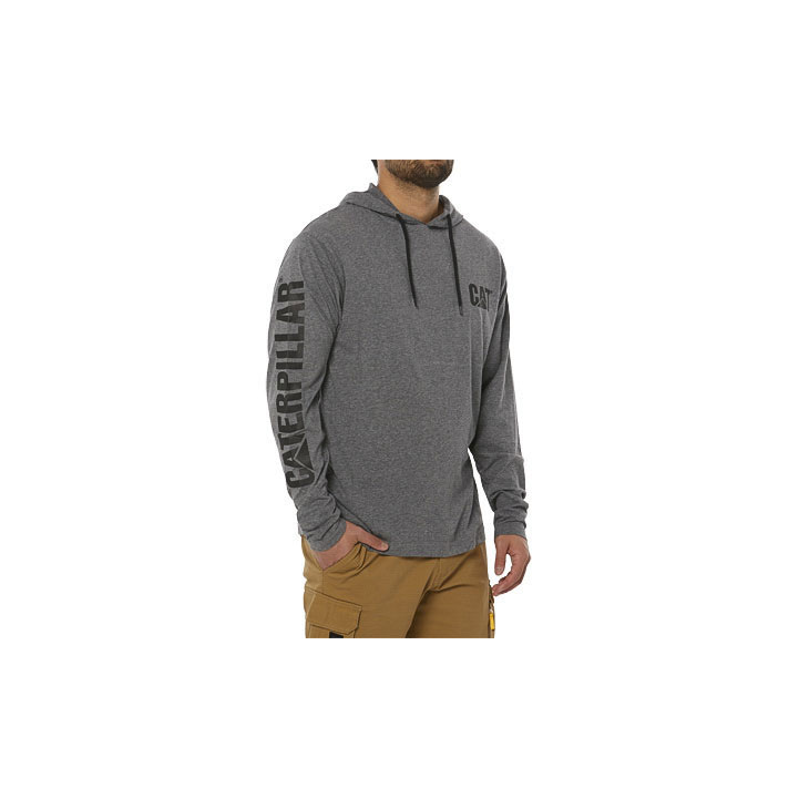 Caterpillar Upf Hooded Banner Long Sleeve Men's Tee Shirts Dark Heather Grey  USA |  743265-RGU